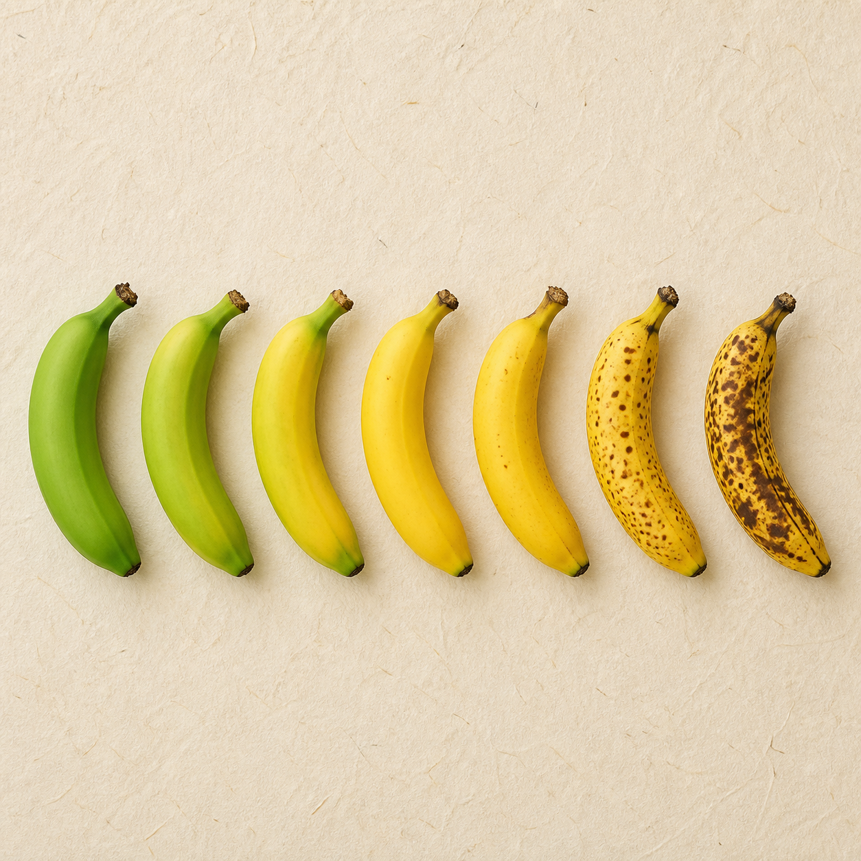 Seven bananas progressing from deep green to heavily brown-spotted