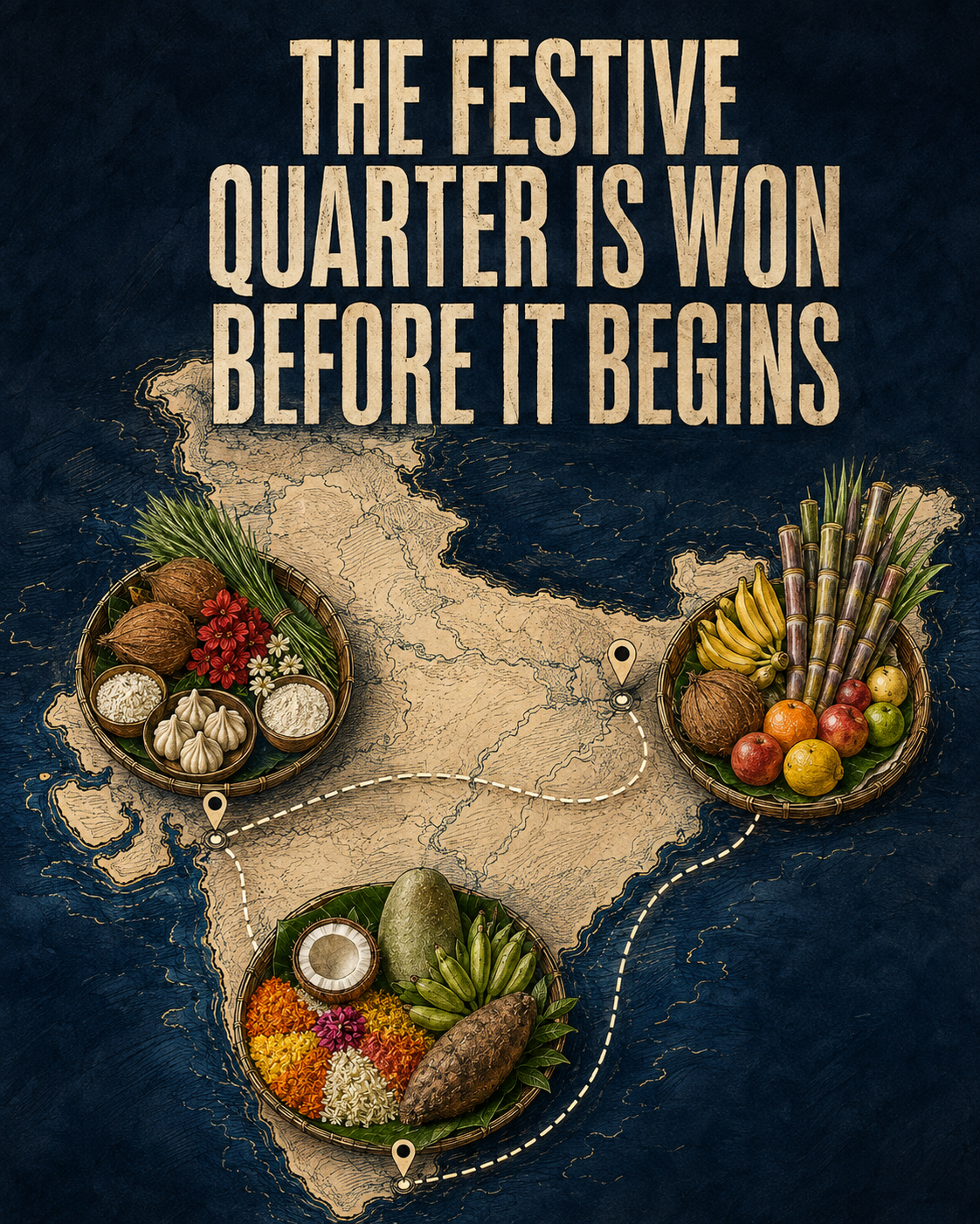 Illustrated map of India connecting festive fresh baskets for Onam, Ganesh Chaturthi and Chhath